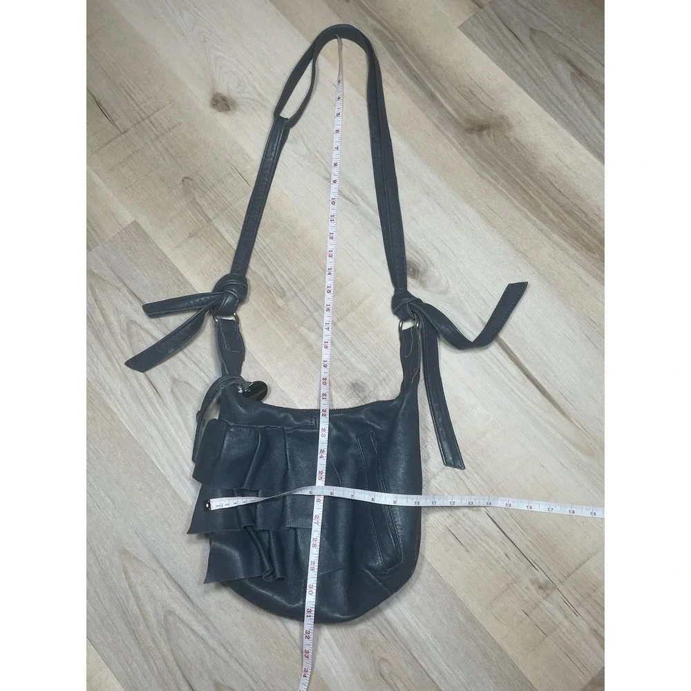 Jola V Designs‎ Black Leather Ruffle Crossbody Bag Boho Slouchy Shoulder Purse